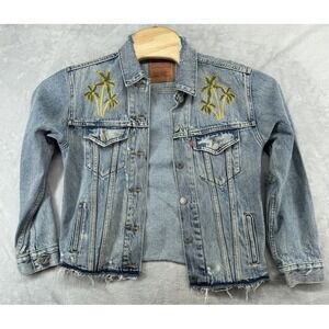 Levi's Ex-Boyfriend Trucker Indigo Memory Embroidered Palm Tree Jacket Size XS